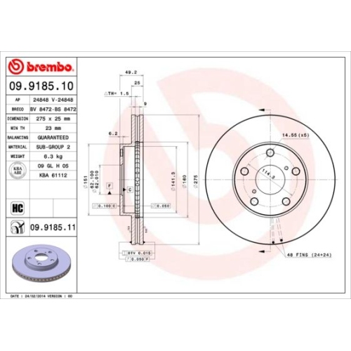Bremsscheibe BREMBO 09.9185.11 PRIME LINE - UV Coated TOYOTA
