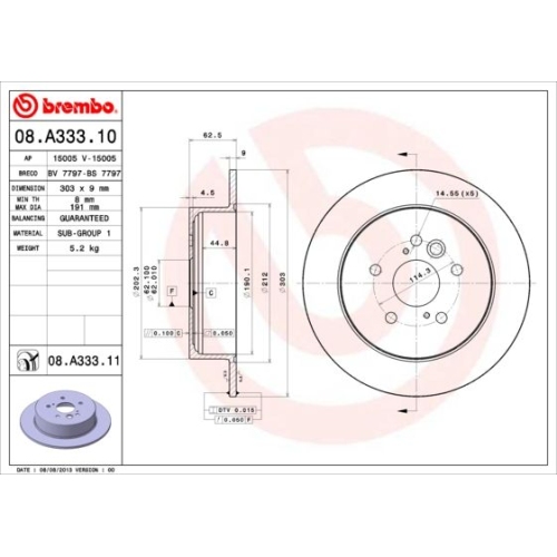 Bremsscheibe BREMBO 08.A333.11 PRIME LINE - UV Coated TOYOTA CHERY