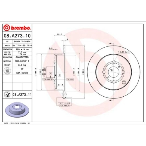Bremsscheibe BREMBO 08.A273.11 PRIME LINE - UV Coated TOYOTA