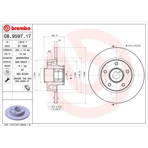 Bremsscheibe BREMBO 08.9597.17 PRIME LINE - With Bearing Kit NISSAN OPEL RENAULT