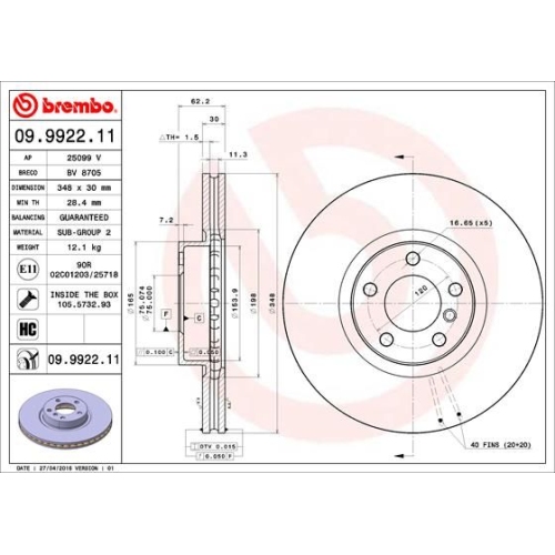 Bremsscheibe BREMBO 09.9922.11 COATED DISC LINE BMW