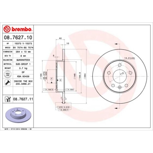 Bremsscheibe BREMBO 08.7627.11 COATED DISC LINE OPEL VAUXHALL