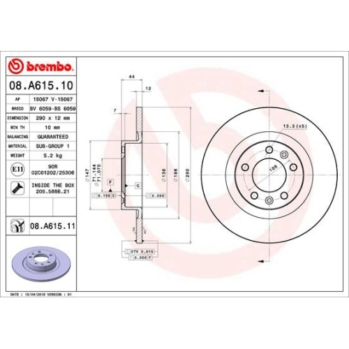 Bremsscheibe BREMBO 08.A615.11 PRIME LINE - UV Coated PEUGEOT