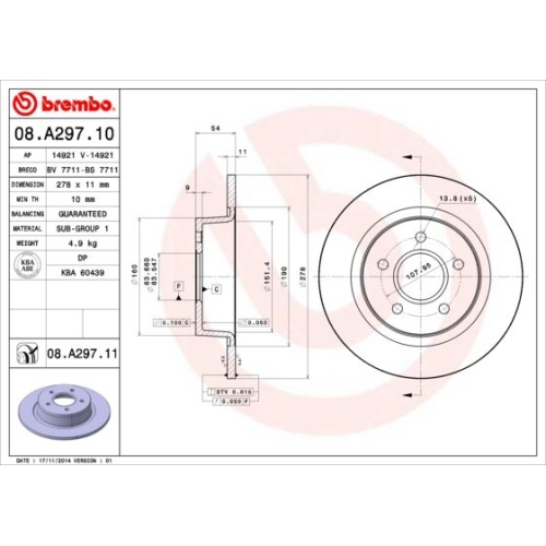 Bremsscheibe BREMBO 08.A297.11 PRIME LINE - UV Coated FORD