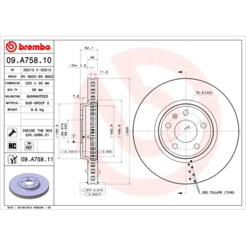 Bremsscheibe BREMBO 09.A758.11 PRIME LINE - UV Coated AUDI AUDI (FAW)