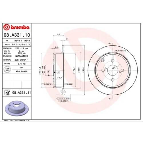 Bremsscheibe BREMBO 08.A331.11 PRIME LINE - UV Coated TOYOTA