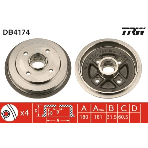Bremstrommel TRW DB4174 NISSAN