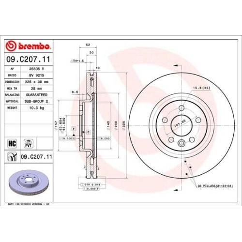 Bremsscheibe BREMBO 09.C207.11 PRIME LINE - UV Coated LAND ROVER