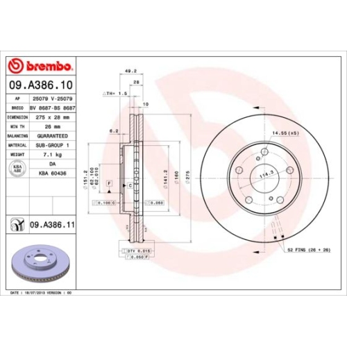 Bremsscheibe BREMBO 09.A386.11 PRIME LINE - UV Coated TOYOTA LEXUS