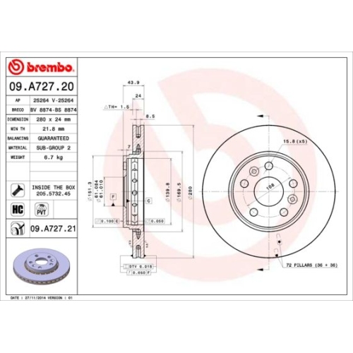 Bremsscheibe BREMBO 09.A727.21 PRIME LINE - UV Coated MERCEDES-BENZ NISSAN