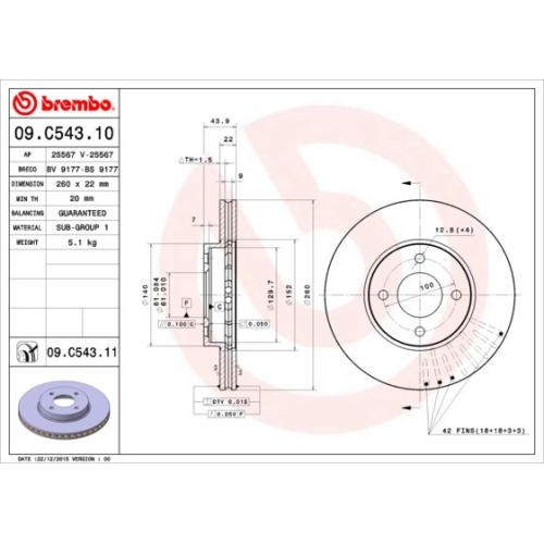 Bremsscheibe BREMBO 09.C543.11 COATED DISC LINE NISSAN