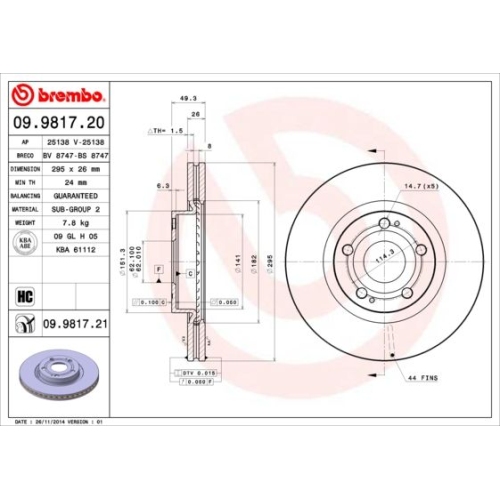 Bremsscheibe BREMBO 09.9817.21 PRIME LINE - UV Coated TOYOTA