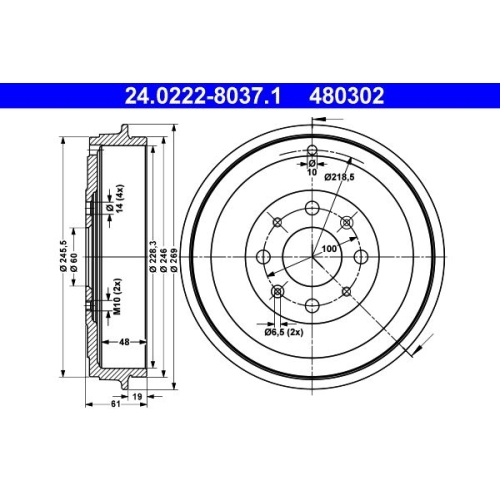 Bremstrommel ATE 24.0222-8037.1 FIAT OPEL VAUXHALL
