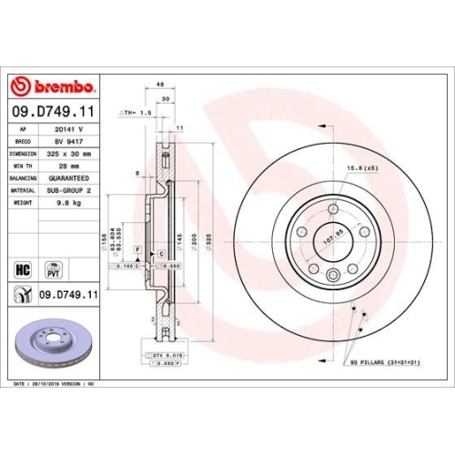 Bremsscheibe BREMBO 09.D749.11 PRIME LINE - UV Coated LAND ROVER