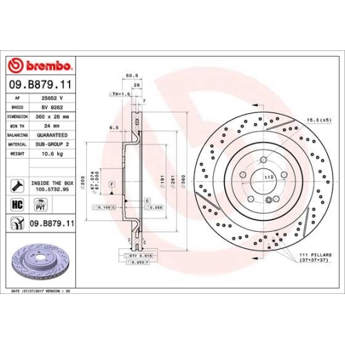 1 Brake Disc BREMBO 09.B879.11 PRIME LINE - UV Coated MERCEDES-BENZ