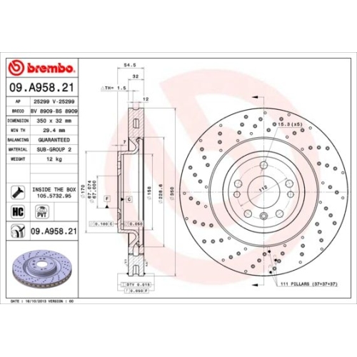 Bremsscheibe BREMBO 09.A958.21 PRIME LINE - UV Coated MERCEDES-BENZ