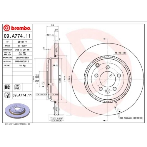 Bremsscheibe BREMBO 09.A774.11 PRIME LINE - UV Coated LAND ROVER