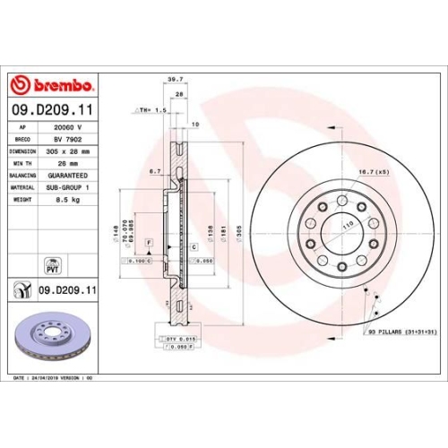 Bremsscheibe BREMBO 09.D209.11 COATED DISC LINE FIAT JEEP JEEP (GAC FCA)