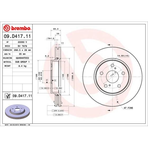 Bremsscheibe BREMBO 09.D417.11 PRIME LINE - UV Coated TOYOTA