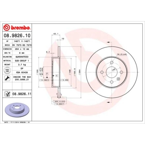 Bremsscheibe BREMBO 08.9826.11 PRIME LINE - UV Coated OPEL VAUXHALL