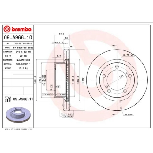 Bremsscheibe BREMBO 09.A966.11 PRIME LINE - UV Coated TOYOTA LEXUS