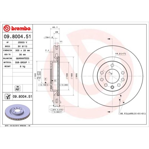 Bremsscheibe BREMBO 09.8004.51 COATED DISC LINE OPEL VAUXHALL