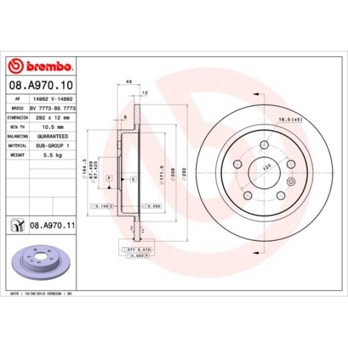 Bremsscheibe BREMBO 08.A970.11 PRIME LINE - UV Coated OPEL SAAB VAUXHALL BUICK