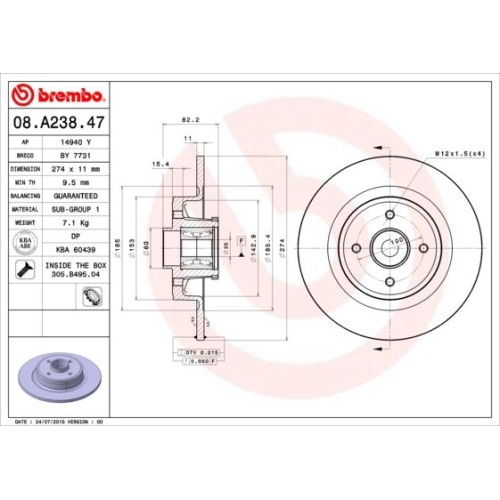 Bremsscheibe BREMBO 08.A238.47 PRIME LINE - With Bearing Kit RENAULT