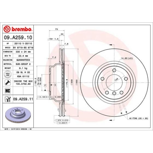 Bremsscheibe BREMBO 09.A259.11 PRIME LINE - UV Coated BMW