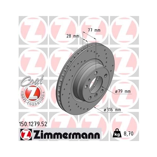 2 Brake Disc ZIMMERMANN 150.1279.52 SPORT BRAKE DISC COAT Z BMW