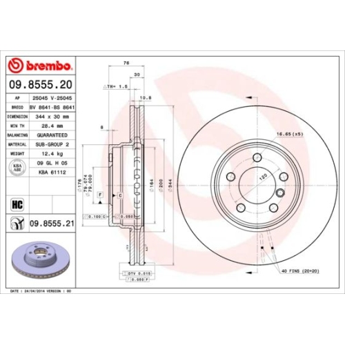 Bremsscheibe BREMBO 09.8555.21 PRIME LINE - UV Coated LAND ROVER