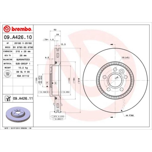 Bremsscheibe BREMBO 09.A426.11 PRIME LINE - UV Coated FORD VOLVO LAND ROVER