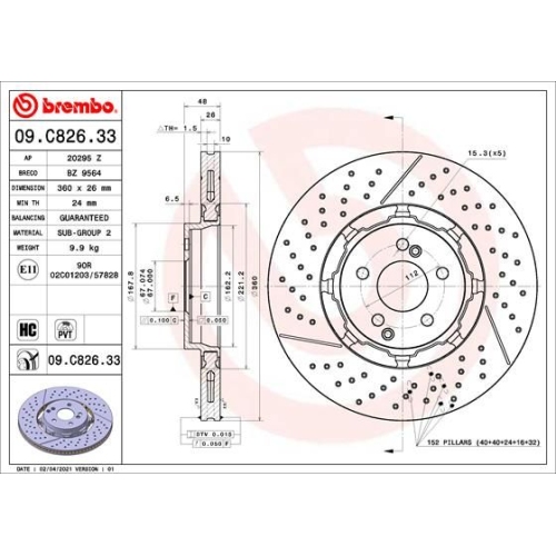 1 Brake Disc BREMBO 09.C826.33 PRIME LINE - Dual Cast MERCEDES-BENZ