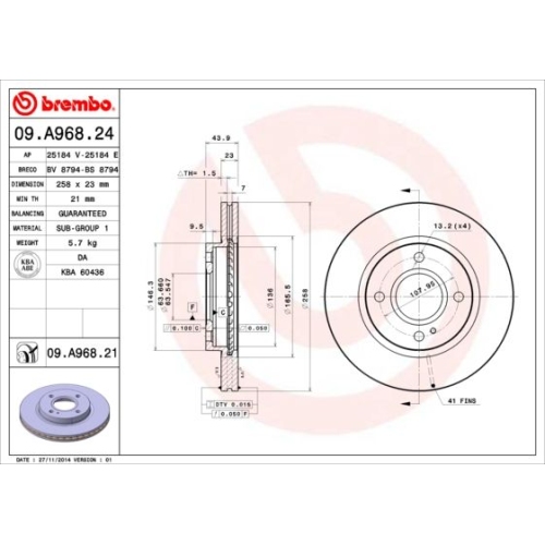 Bremsscheibe BREMBO 09.A968.21 PRIME LINE - UV Coated FORD FORD USA