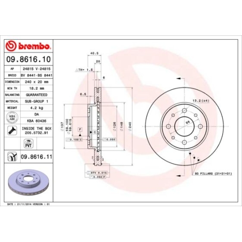 Bremsscheibe BREMBO 09.8616.11 PRIME LINE - UV Coated FIAT FORD