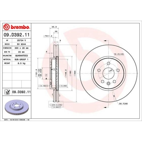 Bremsscheibe BREMBO 09.D392.11 PRIME LINE - UV Coated OPEL BUICK (SGM)