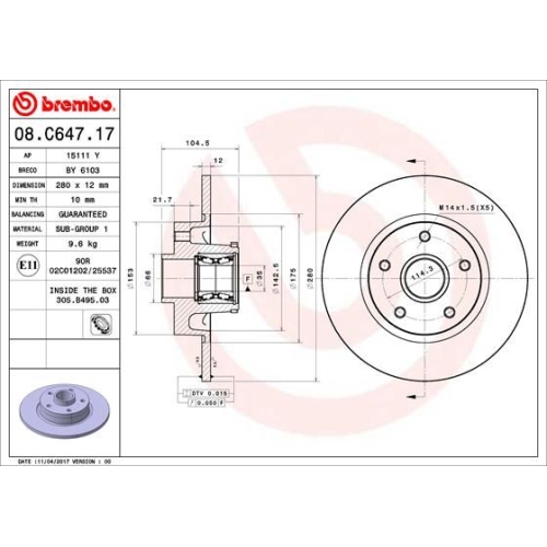 Bremsscheibe BREMBO 08.C647.17 PRIME LINE - With Bearing Kit FIAT NISSAN OPEL