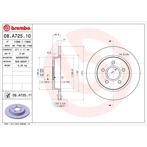 2 Brake Disc BREMBO 08.A725.11 PRIME LINE - UV Coated FORD FORD ASIA & OCEANIA