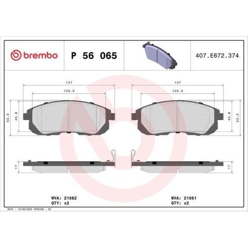 4 Brake Pad Set, disc brake BREMBO P 56 065 PRIME LINE NISSAN RENAULT INFINITI