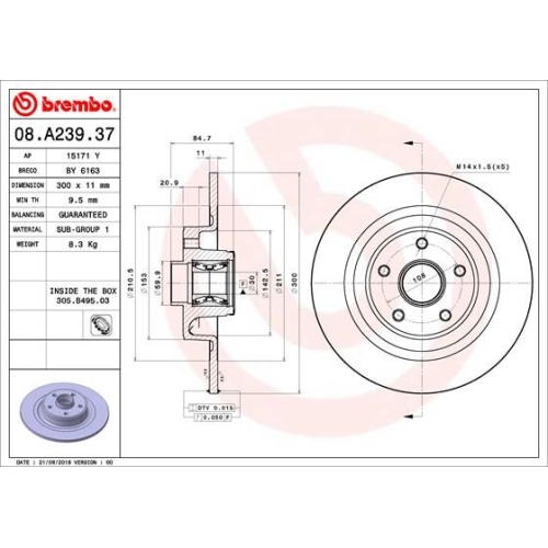 Bremsscheibe BREMBO 08.A239.37 PRIME LINE - With Bearing Kit RENAULT