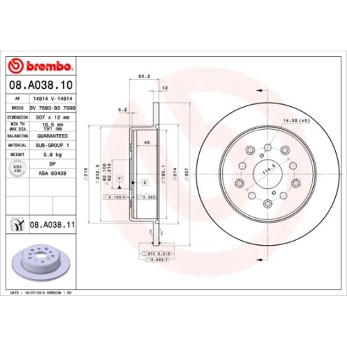 Bremsscheibe BREMBO 08.A038.11 PRIME LINE - UV Coated LEXUS