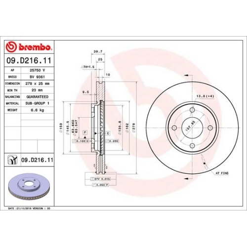 Bremsscheibe BREMBO 09.D216.11 PRIME LINE - UV Coated FORD FORD (CHANGAN)