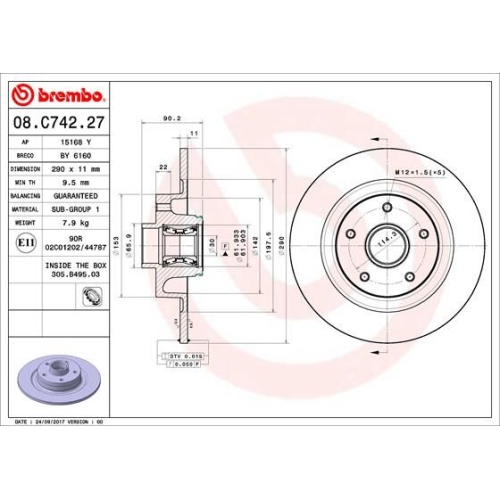 Bremsscheibe BREMBO 08.C742.27 PRIME LINE - With Bearing Kit RENAULT