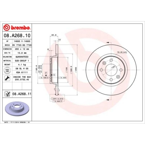 Bremsscheibe BREMBO 08.A268.11 PRIME LINE - UV Coated RENAULT DACIA SMART