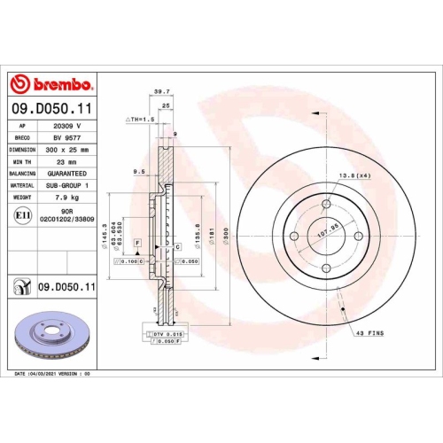 Bremsscheibe BREMBO 09.D050.11 PRIME LINE - UV Coated FORD