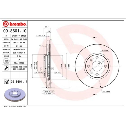 Bremsscheibe BREMBO 09.8601.11 PRIME LINE - UV Coated OPEL VAUXHALL