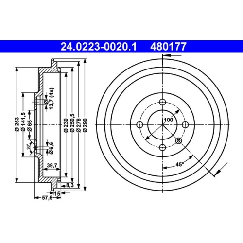 Bremstrommel ATE 24.0223-0020.1 SEAT VAG