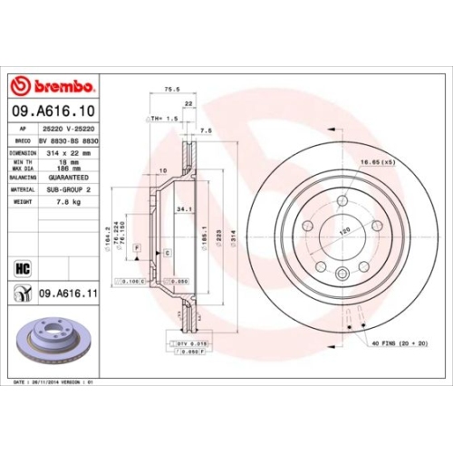 Bremsscheibe BREMBO 09.A616.11 PRIME LINE - UV Coated VW