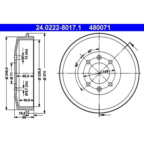 Bremstrommel ATE 24.0222-8017.1 CITROËN PEUGEOT