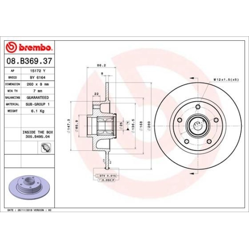Bremsscheibe BREMBO 08.B369.37 PRIME LINE - With Bearing Kit RENAULT